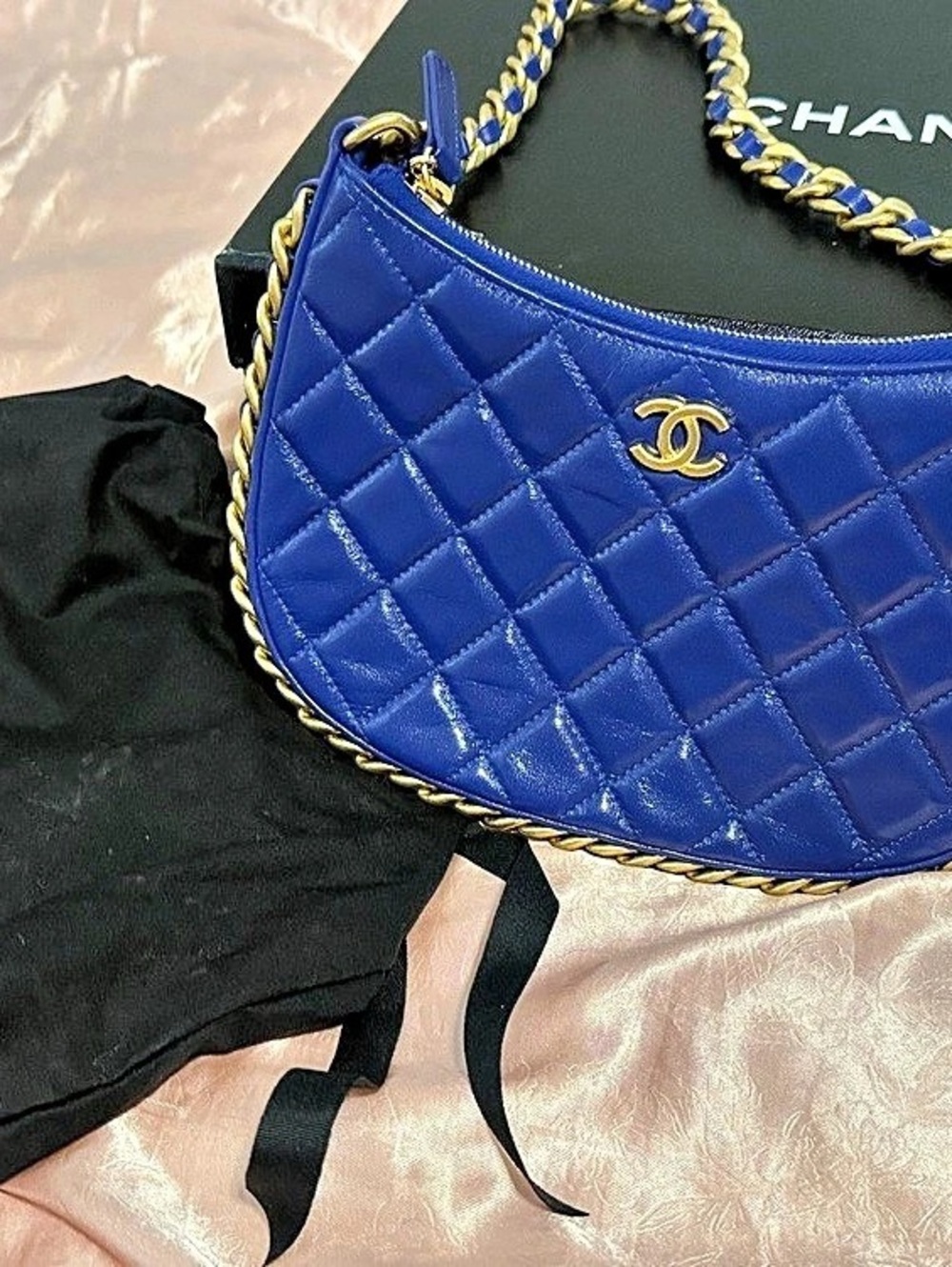 Chanel Quilted Hobo Clutch with Chain Shoulder Bag in Blue